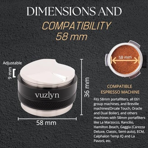 58mm 에스프레소 탬퍼 및 디스트리뷰터 - 전문적으로 조절 가능한 깊이, 스테인리스 스틸 베이스, E61, Rancilio 및 Gaggia 포터필터에 적합 - 탬퍼 매트가 포함된 이중 기능 