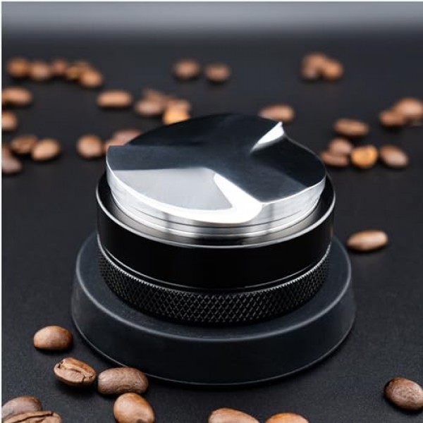 58mm 에스프레소 탬퍼 및 디스트리뷰터 - 전문적으로 조절 가능한 깊이, 스테인리스 스틸 베이스, E61, Rancilio 및 Gaggia 포터필터에 적합 - 탬퍼 매트가 포함된 이중 기능 