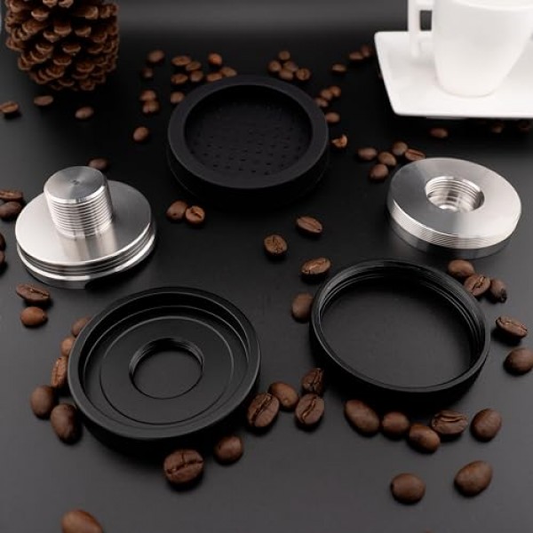 58mm 에스프레소 탬퍼 및 디스트리뷰터 - 전문적으로 조절 가능한 깊이, 스테인리스 스틸 베이스, E61, Rancilio 및 Gaggia 포터필터에 적합 - 탬퍼 매트가 포함된 이중 기능 