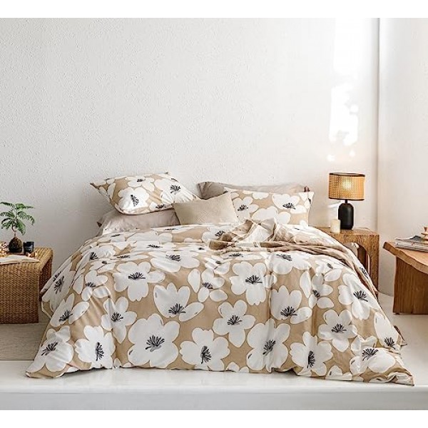 SUSYBAO 베이지 식물 이불 커버 킹 100% 면 귀여운 꽃 이불 커버 3개 세트 지퍼 타이가 있는 흰색 활기찬 꽃 꽃 이불 커버 1개 베개 케이스 2개 카키 식물 침구 세트 소프트