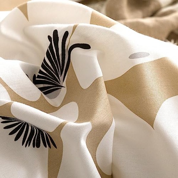SUSYBAO 베이지 식물 이불 커버 킹 100% 면 귀여운 꽃 이불 커버 3개 세트 지퍼 타이가 있는 흰색 활기찬 꽃 꽃 이불 커버 1개 베개 케이스 2개 카키 식물 침구 세트 소프트