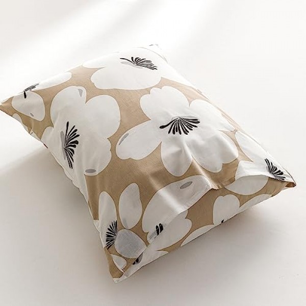 SUSYBAO 베이지 식물 이불 커버 킹 100% 면 귀여운 꽃 이불 커버 3개 세트 지퍼 타이가 있는 흰색 활기찬 꽃 꽃 이불 커버 1개 베개 케이스 2개 카키 식물 침구 세트 소프트