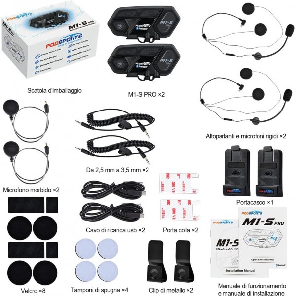 Fodsports 오토바이 블루투스 헤드셋, M1-S 프로 오토바이 헬멧 인터폰 블루투스 헤드셋 통신 시스템 8 오토바이, 인터콤 거리 최대 2000 미터 900mAh 배터리 (트윈 팩) M1-S PRO 