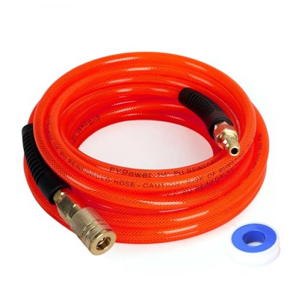 공기 압축기 호스 1/4인치 x 25피트 강화 폴리우레탄(PU) 공기 호스(피팅 포함), 굽힘 제한 장치, 1/4 산업용 퀵 커플러 및 플러그 키트, 빨간색