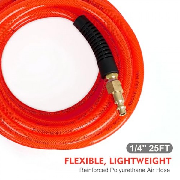 공기 압축기 호스 1/4인치 x 25피트 강화 폴리우레탄(PU) 공기 호스(피팅 포함), 굽힘 제한 장치, 1/4 산업용 퀵 커플러 및 플러그 키트, 빨간색