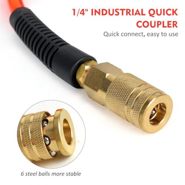 공기 압축기 호스 1/4인치 x 25피트 강화 폴리우레탄(PU) 공기 호스(피팅 포함), 굽힘 제한 장치, 1/4 산업용 퀵 커플러 및 플러그 키트, 빨간색