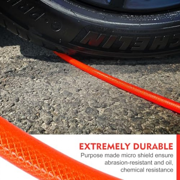 공기 압축기 호스 1/4인치 x 25피트 강화 폴리우레탄(PU) 공기 호스(피팅 포함), 굽힘 제한 장치, 1/4 산업용 퀵 커플러 및 플러그 키트, 빨간색