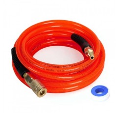 공기 압축기 호스 1/4인치 x 25피트 강화 폴리우레탄(PU) 공기 호스(피팅 포함), 굽힘 제한 장치, 1/4 산업용 퀵 커플러 및 플러그 키트, 빨간색