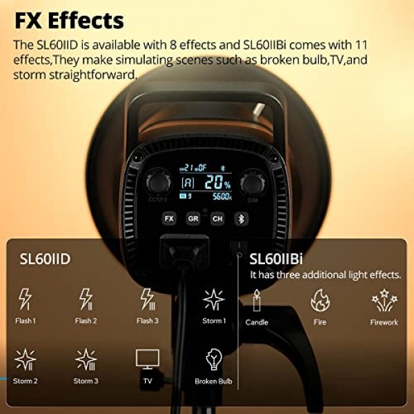 Godox SL60IID LED 조명, 5600K 스튜디오 비디오 조명, Bowens 마운트 LED 조명, 최대 70Ws CRI 96+ TLCI 97+, 8개 FX 효과, 앱 제어, RC-A6 리모컨 포함