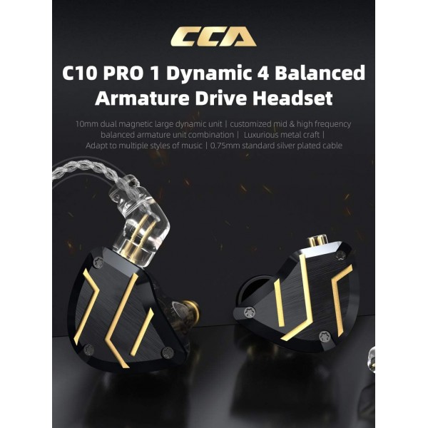 Zsmzzd CCA C10 Pro 인이어 모니터, HiFi 1DD 4BA 하이브리드 5 드라이버 인이어 이어폰, 알루미늄 합금 쉘 + 0.75mm CPin 금도금 분리형 케이블이 있는 수지 캐비티 유선 이어버드(