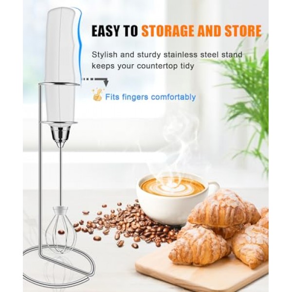 YUSWKO 스탠드가 있는 커피용 충전식 우유 거품기, 3개의 헤드가 있는 휴대용 음료 믹서 3단 라떼, 카푸치노, 핫 초콜릿, 계란용 전기 교반기 - 흰색