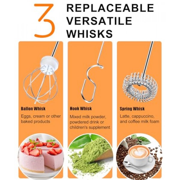 YUSWKO 스탠드가 있는 커피용 충전식 우유 거품기, 3개의 헤드가 있는 휴대용 음료 믹서 3단 라떼, 카푸치노, 핫 초콜릿, 계란용 전기 교반기 - 흰색