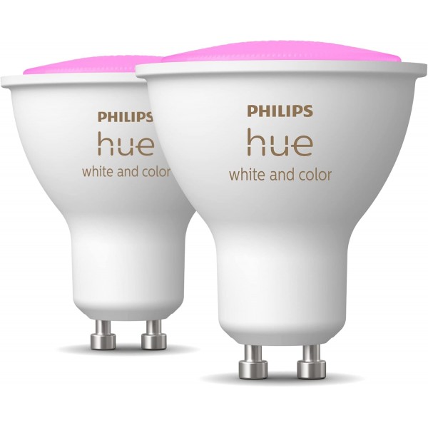 Philips Hue White & Color Ambiance GU10 LED 램프 더블 팩, 앱을 통해 제어 가능, Amazon Alexa(Echo, Echo Dot) + Smart Button과 호환, 설치 없이 편리한 디밍