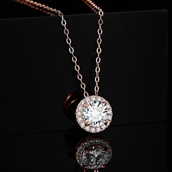 JewelryPalace 라운드 1ct Moissanite 헤일로 체인 펜던트, 시뮬레이션 다이아몬드 신부 보석 세트, 목걸이 여성 실버 925 목걸이 여성 스톤, 보석 소녀 여성용 선물 로즈 골드 4