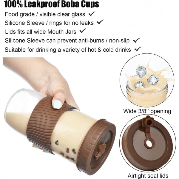 ALINK 2 팩 재사용 가능한 보바 컵 버블 티 컵, 뚜껑이 있는 24oz 와이드 입 스무디 머그, 누수 방지 유리 메이슨 항아리 식수병 여행 머그, 브라운