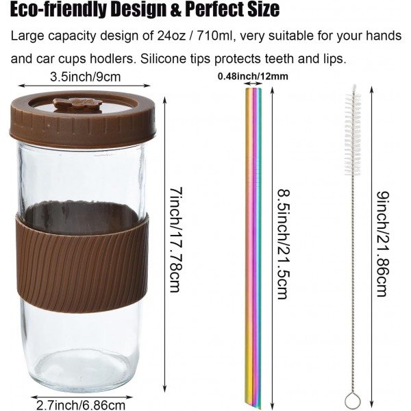 ALINK 2 팩 재사용 가능한 보바 컵 버블 티 컵, 뚜껑이 있는 24oz 와이드 입 스무디 머그, 누수 방지 유리 메이슨 항아리 식수병 여행 머그, 브라운
