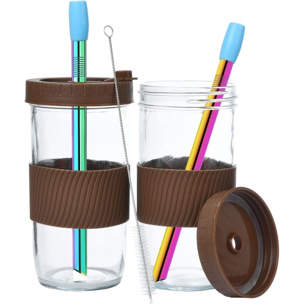 ALINK 2 팩 재사용 가능한 보바 컵 버블 티 컵, 뚜껑이 있는 24oz 와이드 입 스무디 머그, 누수 방지 유리 메이슨 항아리 식수병 여행 머그, 브라운