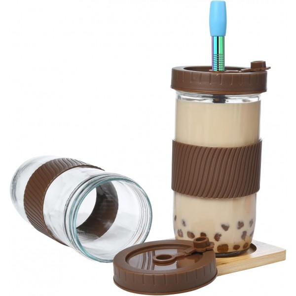 ALINK 2 팩 재사용 가능한 보바 컵 버블 티 컵, 뚜껑이 있는 24oz 와이드 입 스무디 머그, 누수 방지 유리 메이슨 항아리 식수병 여행 머그, 브라운