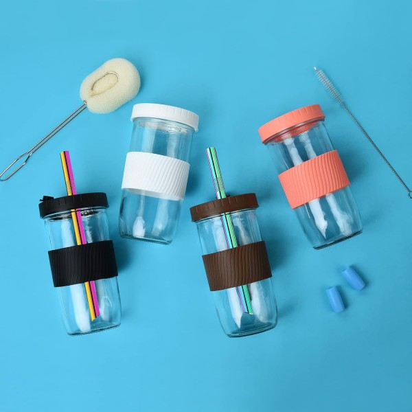 ALINK 2 팩 재사용 가능한 보바 컵 버블 티 컵, 뚜껑이 있는 24oz 와이드 입 스무디 머그, 누수 방지 유리 메이슨 항아리 식수병 여행 머그, 브라운