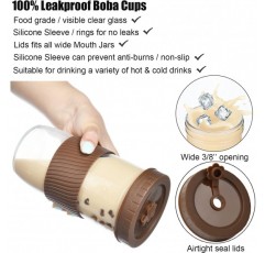 ALINK 2 팩 재사용 가능한 보바 컵 버블 티 컵, 뚜껑이 있는 24oz 와이드 입 스무디 머그, 누수 방지 유리 메이슨 항아리 식수병 여행 머그, 브라운