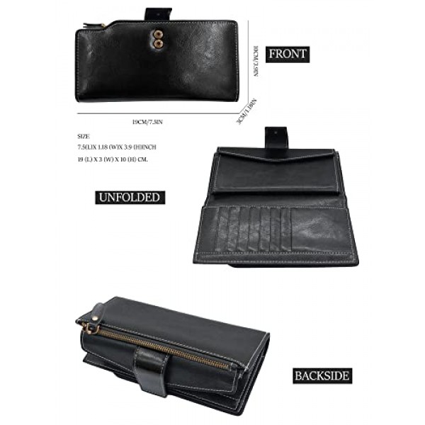 TeeYee 여성용 여성용 긴 가죽 지갑 접이식 폴더 가죽 핸드백 ID 창이있는 대용량 지갑, 검정, 우아한