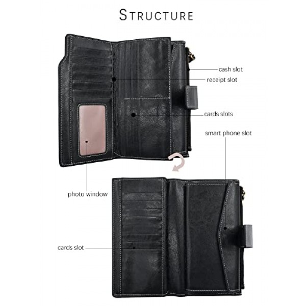 TeeYee 여성용 여성용 긴 가죽 지갑 접이식 폴더 가죽 핸드백 ID 창이있는 대용량 지갑, 검정, 우아한