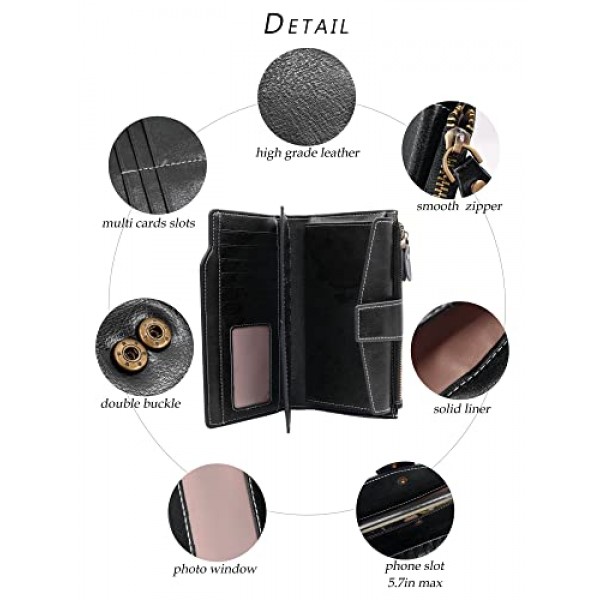 TeeYee 여성용 여성용 긴 가죽 지갑 접이식 폴더 가죽 핸드백 ID 창이있는 대용량 지갑, 검정, 우아한