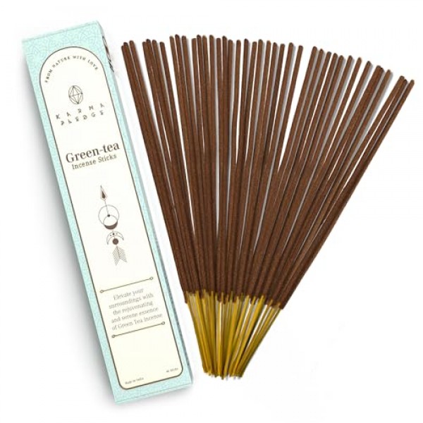 녹차 향 스틱, 유기농 손으로 담근 향, 천연 허브 및 아로마 성분, 내부에 스틱 40개 포함, 연소 시간 45-60분, 영적 선물, Karma Pledge 향
