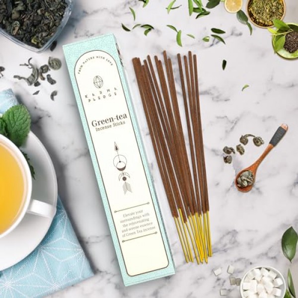 녹차 향 스틱, 유기농 손으로 담근 향, 천연 허브 및 아로마 성분, 내부에 스틱 40개 포함, 연소 시간 45-60분, 영적 선물, Karma Pledge 향