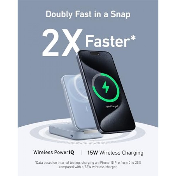 Anker MagGo 파워 뱅크, Qi2 인증 15W 초고속 MagSafe 호환 휴대용 충전기, 6,600mAh 배터리 팩, 조절 가능 및 접이식 스탠드, iPhone 15/14/13 시리즈용(USB-C 케이블 포함)