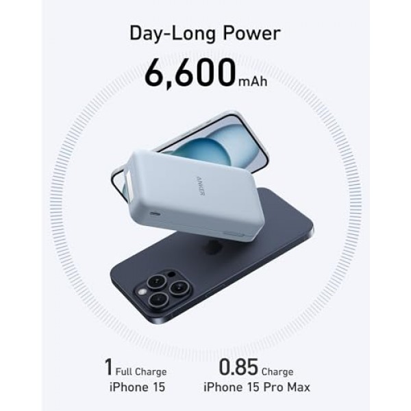 Anker MagGo 파워 뱅크, Qi2 인증 15W 초고속 MagSafe 호환 휴대용 충전기, 6,600mAh 배터리 팩, 조절 가능 및 접이식 스탠드, iPhone 15/14/13 시리즈용(USB-C 케이블 포함)