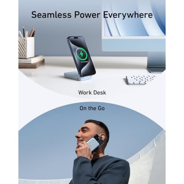 Anker MagGo 파워 뱅크, Qi2 인증 15W 초고속 MagSafe 호환 휴대용 충전기, 6,600mAh 배터리 팩, 조절 가능 및 접이식 스탠드, iPhone 15/14/13 시리즈용(USB-C 케이블 포함)