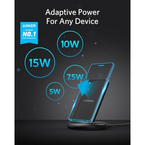 전원 어댑터가 포함된 Anker 무선 충전기, PowerWave II 스탠드, iPhone 14/14 Pro/14 Pro Max/13/13 Pro Max, Galaxy S10 S9 S8, Note 10 Note 9용 Qi 인증 15W 최대 고속 무선 충전 스탠드