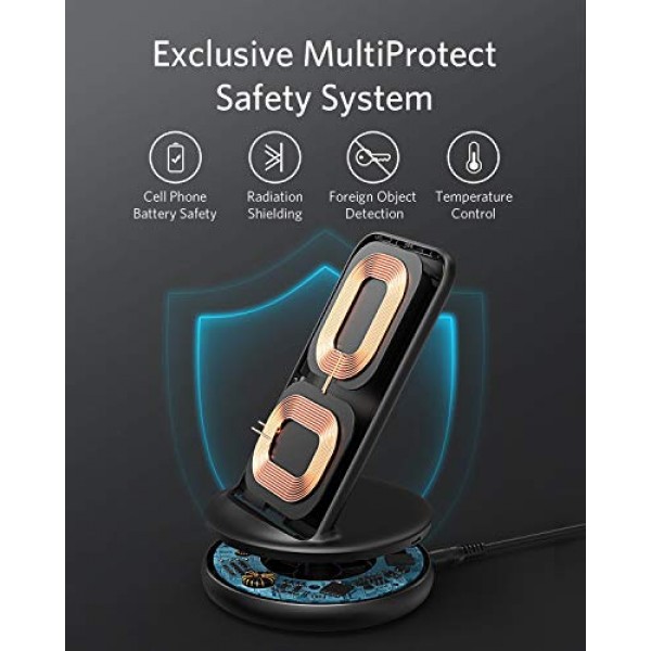 전원 어댑터가 포함된 Anker 무선 충전기, PowerWave II 스탠드, iPhone 14/14 Pro/14 Pro Max/13/13 Pro Max, Galaxy S10 S9 S8, Note 10 Note 9용 Qi 인증 15W 최대 고속 무선 충전 스탠드