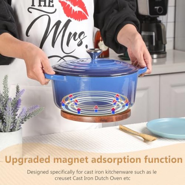 le creuset 네덜란드 오븐용 자석 나무 삼발이, 검은색 실리콘 링이 있는 아카시아 나무, le creuset 에나멜 주철 네덜란드 오븐 및 주철 프라이팬 등용 자석 냄비 홀더 스탠