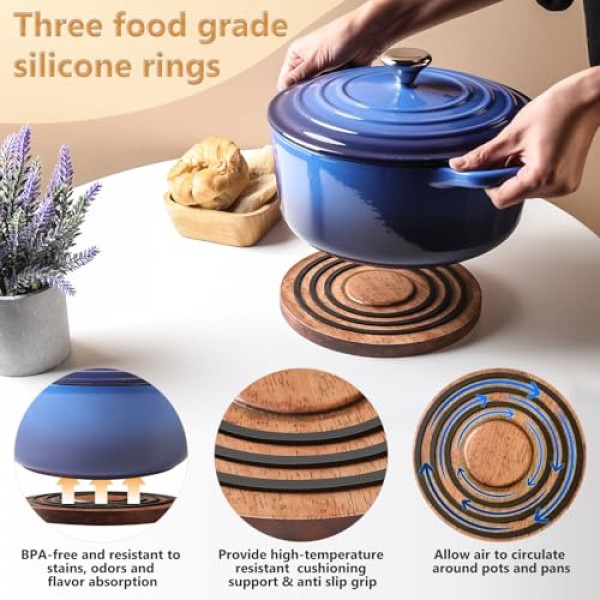 le creuset 네덜란드 오븐용 자석 나무 삼발이, 검은색 실리콘 링이 있는 아카시아 나무, le creuset 에나멜 주철 네덜란드 오븐 및 주철 프라이팬 등용 자석 냄비 홀더 스탠