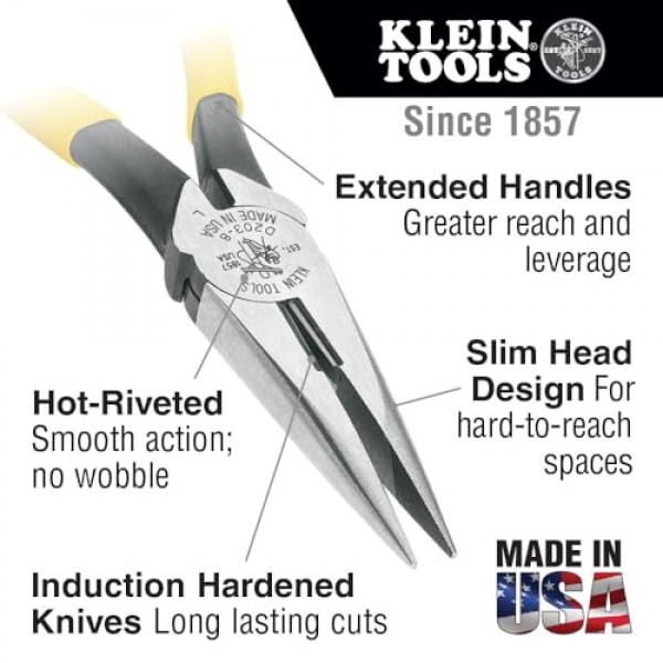 Klein Tools D203-7 니들 노즈 플라이어, 긴 노즈 사이드 커터, 고강도 악어 플라이어, 7인치
