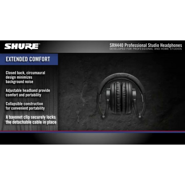 Shure SRH440 전문가용 스튜디오 헤드폰, 향상된 주파수 응답 및 가정 및 스튜디오 녹음을 위한 확장된 범위, 분리형 코일 케이블, 휴대용 가방 및 1/4인치 어댑터(SRH440) 포