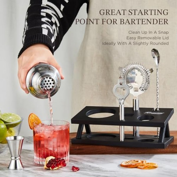 KITESSENSU 칵테일 셰이커 세트 바텐더 키트, 스탠드가 포함된 6피스 실버 바 세트, 필수 바 액세서리 도구가 포함된 바 키트: 마티니 셰이커, 지거, 스트레이너, 바 스푼, 