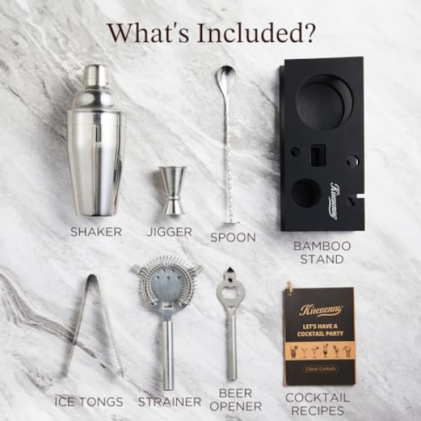 KITESSENSU 칵테일 셰이커 세트 바텐더 키트, 스탠드가 포함된 6피스 실버 바 세트, 필수 바 액세서리 도구가 포함된 바 키트: 마티니 셰이커, 지거, 스트레이너, 바 스푼, 