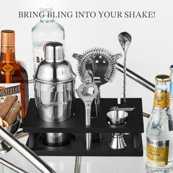 KITESSENSU 칵테일 셰이커 세트 바텐더 키트, 스탠드가 포함된 6피스 실버 바 세트, 필수 바 액세서리 도구가 포함된 바 키트: 마티니 셰이커, 지거, 스트레이너, 바 스푼, 