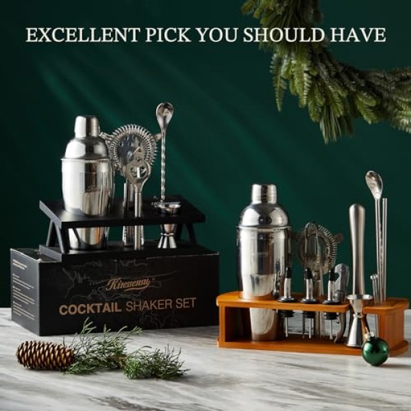 KITESSENSU 칵테일 셰이커 세트 바텐더 키트, 스탠드가 포함된 6피스 실버 바 세트, 필수 바 액세서리 도구가 포함된 바 키트: 마티니 셰이커, 지거, 스트레이너, 바 스푼, 
