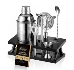 KITESSENSU 칵테일 셰이커 세트 바텐더 키트, 스탠드가 포함된 6피스 실버 바 세트, 필수 바 액세서리 도구가 포함된 바 키트: 마티니 셰이커, 지거, 스트레이너, 바 스푼, 