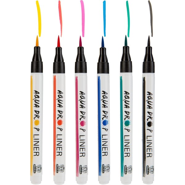 Schmincke - AQUA DROP 안료 기반 수채화 물감, 78702097, 캘리그래피, 핸드 레터링 6 x 수채화 라이너로 채워진 브러시 팁이 있는 6개의 라이너로 구성된 AQUA DROP 세트