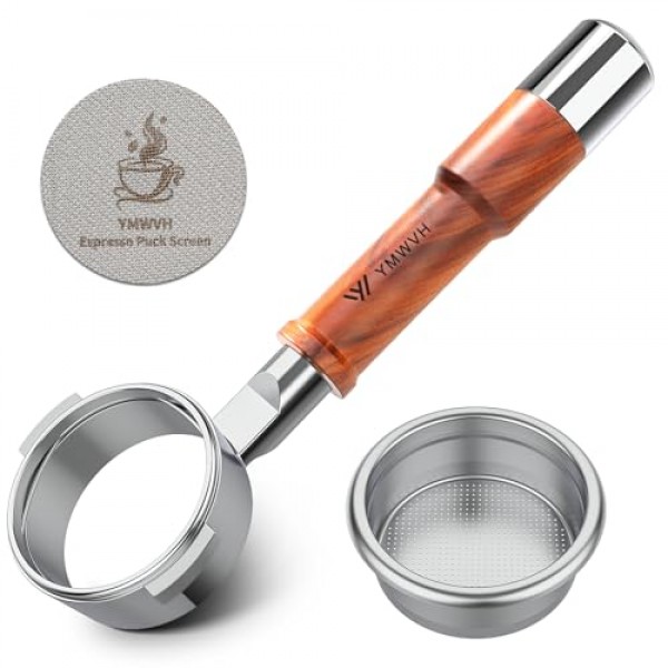 58mm 브레빌 듀얼 보일러 에스프레소 머신용 바텀리스 포터필터 2개 귀 - 로즈우드 핸들 및 더블 샷 필터 바구니 포함 듀얼 보일러, 오라클, 오라클 터치에 적합