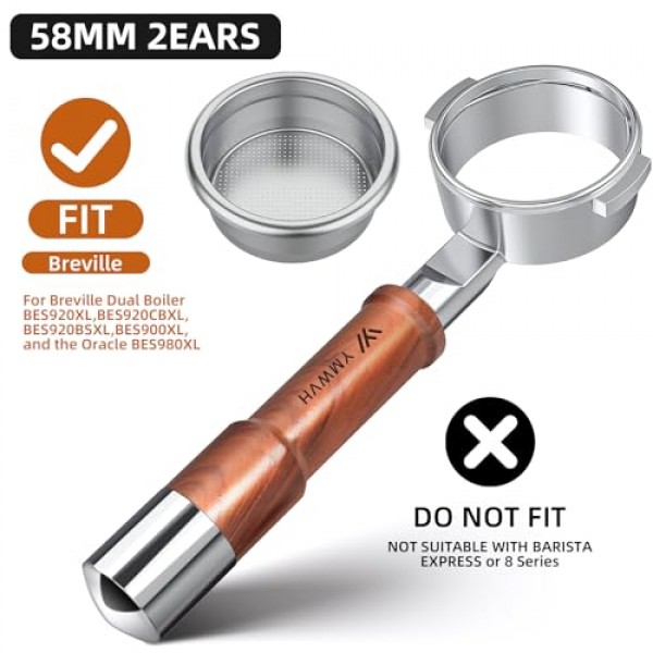 58mm 브레빌 듀얼 보일러 에스프레소 머신용 바텀리스 포터필터 2개 귀 - 로즈우드 핸들 및 더블 샷 필터 바구니 포함 듀얼 보일러, 오라클, 오라클 터치에 적합