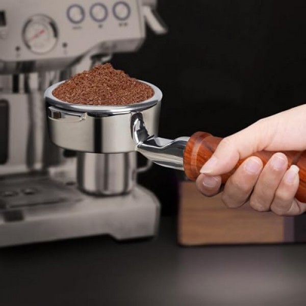 58mm 브레빌 듀얼 보일러 에스프레소 머신용 바텀리스 포터필터 2개 귀 - 로즈우드 핸들 및 더블 샷 필터 바구니 포함 듀얼 보일러, 오라클, 오라클 터치에 적합