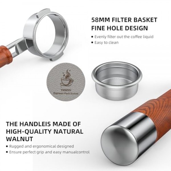58mm 브레빌 듀얼 보일러 에스프레소 머신용 바텀리스 포터필터 2개 귀 - 로즈우드 핸들 및 더블 샷 필터 바구니 포함 듀얼 보일러, 오라클, 오라클 터치에 적합