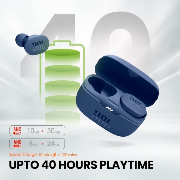 JBL Tune 130 NC TWS - 방수, 완전 무선, 파란색 노이즈 캔슬링 인이어 헤드폰 - 최대 40시간 음악 재생