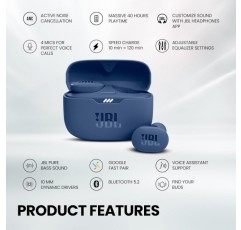 JBL Tune 130 NC TWS - 방수, 완전 무선, 파란색 노이즈 캔슬링 인이어 헤드폰 - 최대 40시간 음악 재생